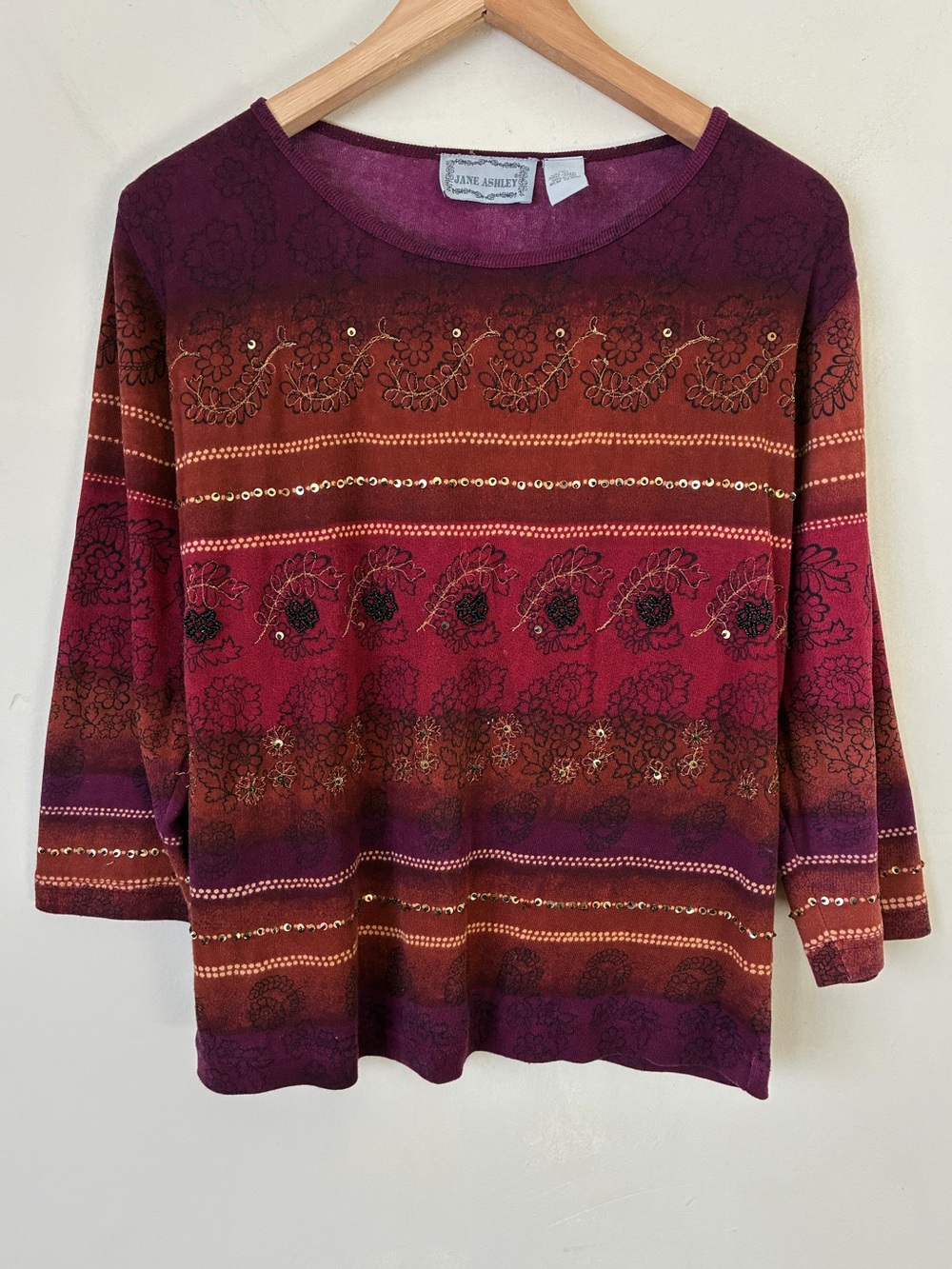 Jane Ashley Y2K Fall Large Cotton Embroidered Sequin Top Burgundy Purple Boho L